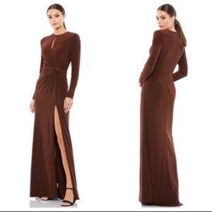 Mac Duggal Elegant Brown Long-Sleeve Knot Front Formal Gown with Thigh Slit